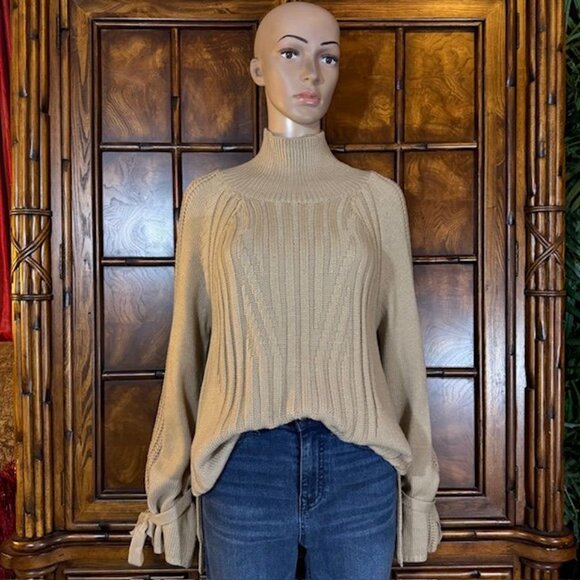 NWOT Bodilove Khaki Tan Cotton Blend Modern Cable Knit Tie Bow Sleeve Sweater - Picture 1 of 16